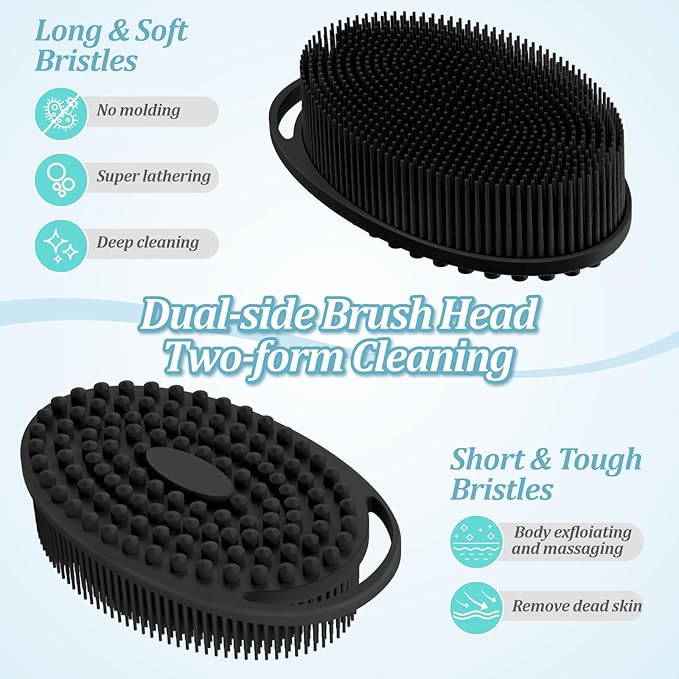 Silicone Back & Body & Face Scrubber Set 3PCS, Gentle Exfoliating Back & Body Scrubber with Dual-Side Brush Head, Hygienic Silicone Loofahs with Soft Bristle and Non-Slip Handle(Black-3PC)