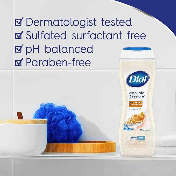 Dial Body Wash, Exfoliate & Restore Cocoa Butter & Orange Extract, 16 Fl Oz Pack of 4, With Vitamin E, Gentle, Leaves Skin Feeling Nourished, Dermatologist-Tested, No Parabens & Sulfates