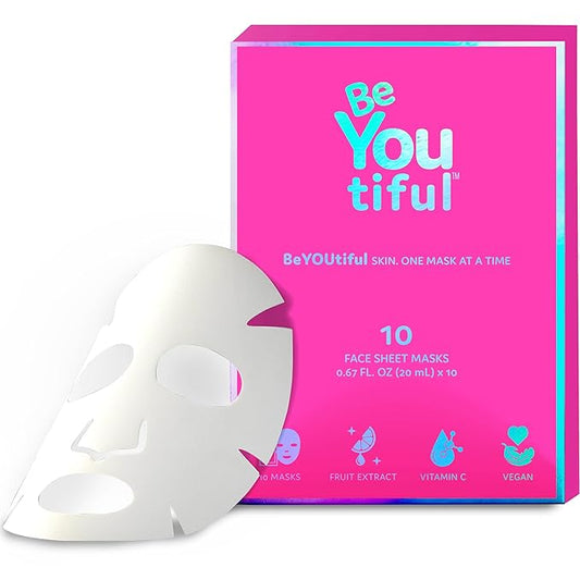 BeYoutiful 10 Face Mask Gift Set for Kids and Teens, 10 Individually Wrapped Hydrating Sheet Masks in a Gifts Box, for Sleepovers, Spa Nights, Soothing, Vegan Skincare Hyaluronic Acid & Vitamin C