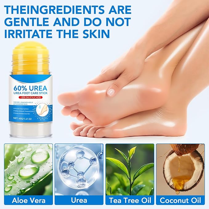 Urea Cream, Intensive Foot Repair Stick 60% Urea with 2% Salicylic Acid Heel Balm Stick, Maximum Strength Callus Remover Foot Care Cream for Cracked Heels, Dry Feet & Rough Skin
