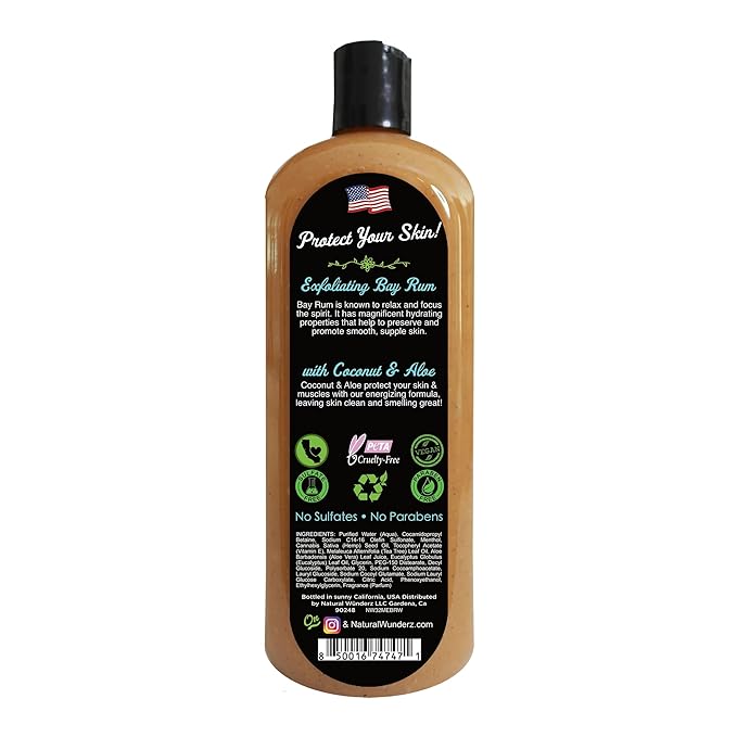 Natural Wunderz Mens Body Wash, Exfoliating Bay Rum & Coconut Aloe Scent, 32 Fl Oz All-In-One Liquid Soap and Shower Gel, Sulfate Free and Vegan Friendly Body Scrub