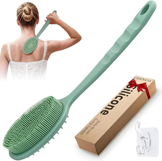 Silicone Back Washer for Shower, Gentle Silicone Back Scrubber for Lathering, Soft Silicone Loofah Bath Brush with Dual-Side & Detachable Brush Head, Good for Sensitive Skin(Green)
