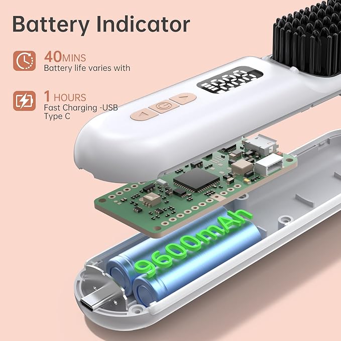 Hair Straightener Brush, Portable Cordless Straightening Brush for Travel, Negative Ion Hot Comb Hair Straightener with 9 Temps for Women, Anti-Scald Ceramic, Fast Charge