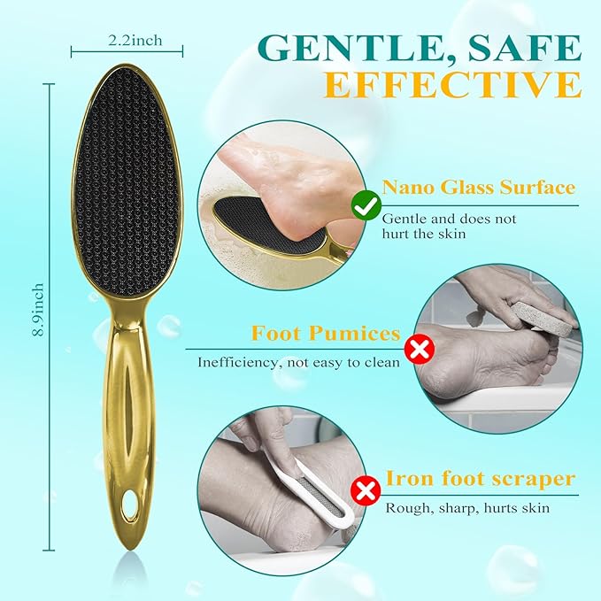 Glass Foot File, Foot Scrubber for Hard Skin Remover - Foot Callus Remover, Pedicure Tools for Feet Dead Skin, Foot Care for Women and Men, Gentle Effective Heel Scraper (Gold)