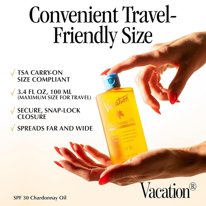 Vacation Chardonnay Oil SPF 30 Duo, Hydrating & Nourishing, Lightweight, Transparent on All Skin Tones, Water-Resistant, Travel Size Sunscreen Two-Pack, 3.4 Fl. Oz. Each
