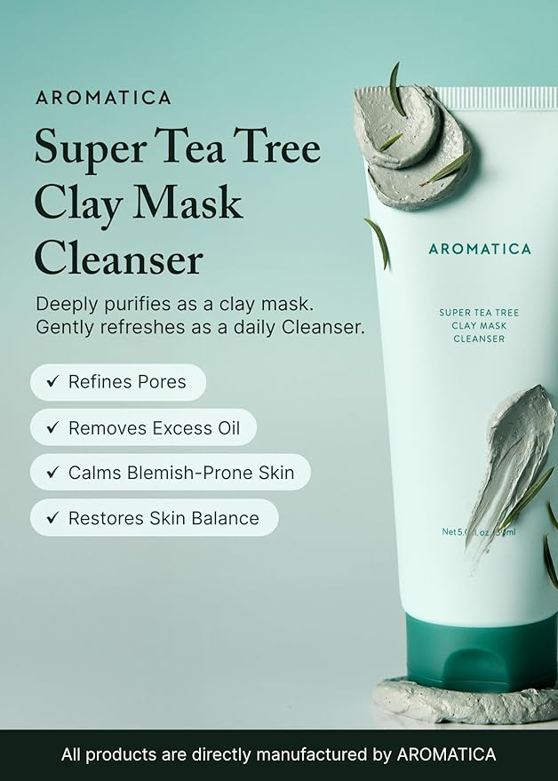 AROMATICA Super Tea Tree Clay Mask Cleanser, Blackhead Remover & Pore Minimizer for Face, Korean Face Wash with Tea Tree Oil, 2 In 1 Acne Skin Care Clay Mask & Cleanser, Oil control (5.0 fl oz)