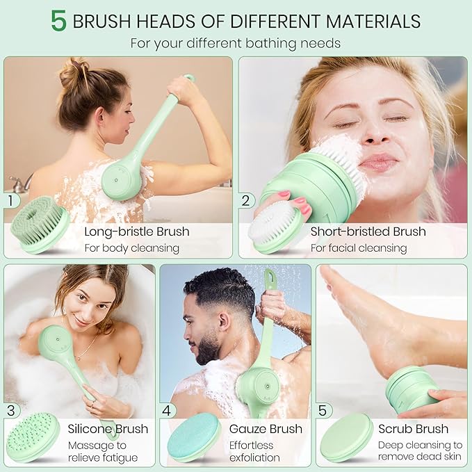 Electric Body Brush Back Scrubber for Shower, Auto Spinning Exfoliating Massage Bath Brush Rechargeable, Dual Long Handle, Deep Cleansing, Waterproof, Rotating Body Brushes with 5 Brush Heads