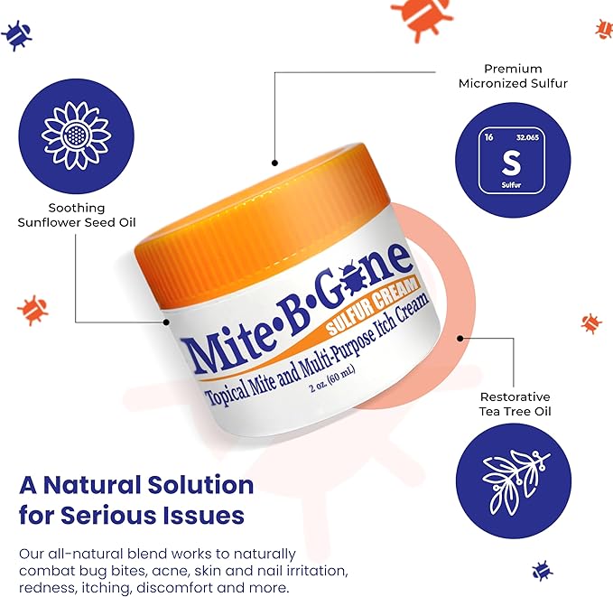Human Mite Treatment Cream 2oz | Max-Strength 10x Sulfur Cream for Skin Mites, Bites, & Itching | Child & Adult Safe | Fast Relief for All Skin Types by Mite-Be-Gone