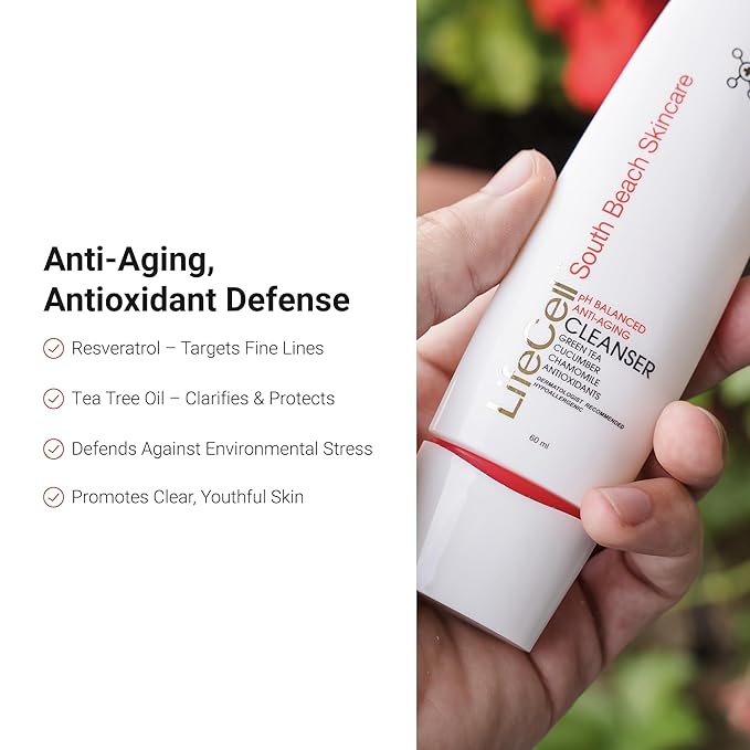 LifeCell Anti-Aging Facial Cleanser – pH Balanced Daily Face Wash with Green Tea, Cucumber, and Resveratrol – Hydrating & Gentle Makeup Remover for Sensitive Skin – 60ml