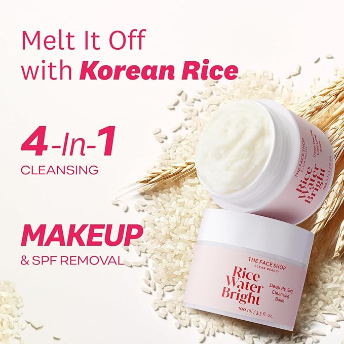 The Face Shop Rice Water Bright Cleansing Balm, Removes Makeup & SPF, 4-in-1 Makeup Remover, for All Skin Types, Korean Rice Extract, Lavender Oil, 100ml / 3.3 fl. oz.