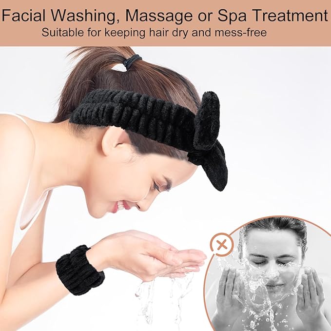 Facial Cleansing Brush 2 in 1, Silicone Face Scrubber Dual Face Brush for Deep Pore Cleansing and Exfoliating, Skincare Headband and Wristbands Set for Washing Face, Massaging Spa Makeup,Black