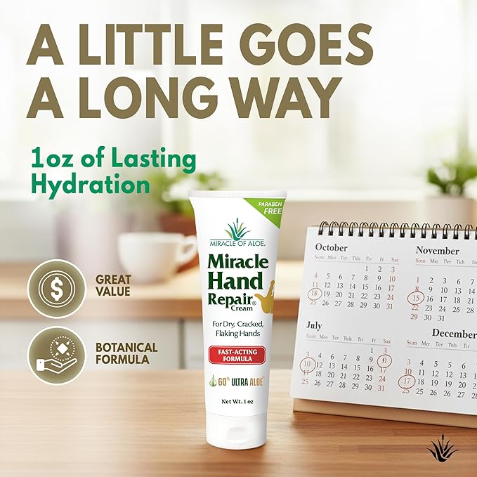 Miracle Hand Repair Cream for Dry Cracked Hands 1 oz Best Healing Hand Cream with 60% Aloe Vera - Non-Greasy Moisturizer for Working Hands - Fast Absorbing Lotion for Extremely Dry Skin (12-Pack)