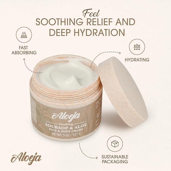 Soursop and Aloe Vera Moisturizing Cream - Ultra Hydrating Face Moisturizer and Body Lotion for Women & Men - Fragrance-Free Organic Lotion for sensitive skin with Hemp Oil, Tea Tree, Green Tea, 5 oz