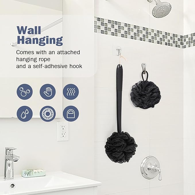 Non-Slip Back Scrubber with 17" Plastic Handle - Hand Shower Loofah & Loofah on a Stick Set, Black