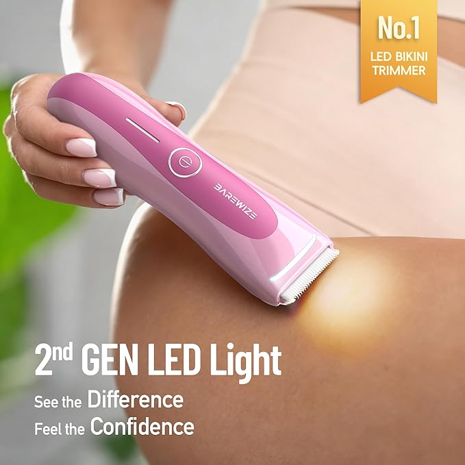 BAREWlZE Bikini Trimmer for Women, Pubic Hair Trimmer | LED Light, IPX7 Waterproof, USB-C Rechargeable, Replaceable Ceramic Blade | Electric Razors for Women, Electric Body Hair Shaver (Petal Bonbon)