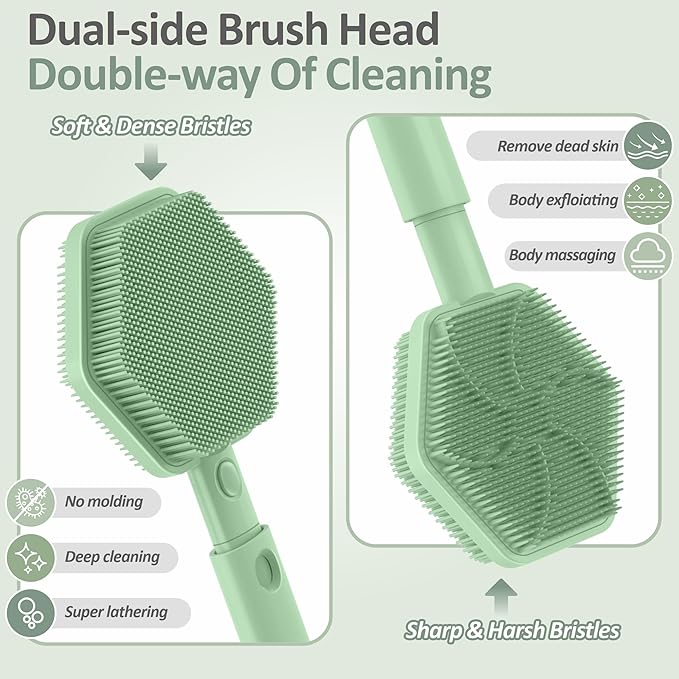 Silicone Back Scrubber & Soft Bath Glove 2PCS, 16''- 21''Extendable Back Scrubber with Dual-Side Large Head, 360° Anti-Slip Hand-fit Silicone Body Scrubber for Rich Foaming Deep Cleaning(Green)