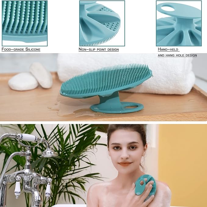 INNERNEED Food-Grade Soft Silicone Body Cleansing Brush Shower Scrubber, Gentle Exfoliating and Massage for All Kinds of Skin (Blue+Dark Green)