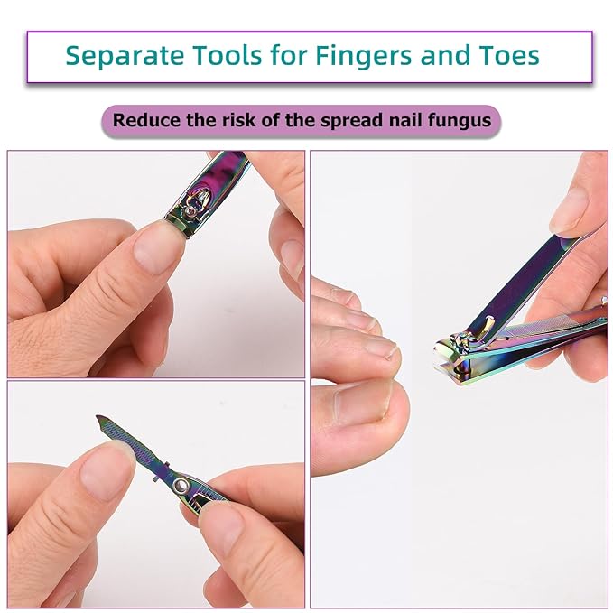 2PCS Stainless Steel Nail Clippers,Rainbow Fingernail Clipper and Toenail Clipper, Wide Easy Press Lever Nail Cutter with Swing Out Nail Cleaner/File for Men and Women
