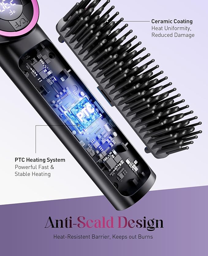 Hair Straightener Brush: Upgraded Straightening Comb with Dual Voltage, 16 Temperature Settings & LED Display