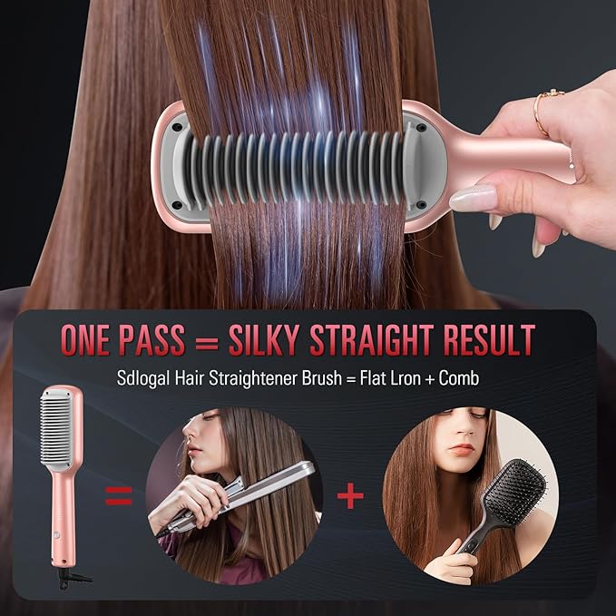 SDLOGAL Hair Straightener Brush, Hair Straightener Comb Straightening Brush for Women, with 5 Temps & Fast Heating, Easy and Fast Salon-Style, Plus Dual Voltage Travel Friendly-(Rose Gold)