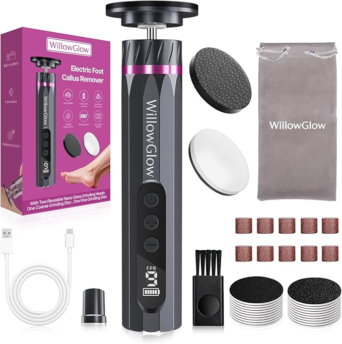 Professional Electric Foot Callus Remover, 9-Speed Cordless Foot File with Reusable Nano Glass Heads & Sandpaper for Dead Skin Removal and Smooth Feet