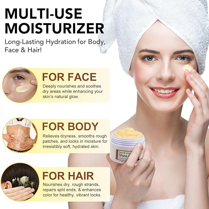 Raw & Unrefined Shea Butter for Body, Face & Hair, Pure Shea Butter with vitamins A, E & F, Long-Lasting Hydration for Dry Skin, Hair Care, DIY Lip Balm, Natural Moisturizer