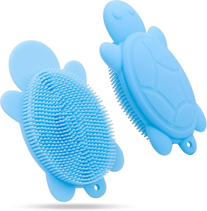 Soft and Gentle Silicone Body Scrubber, Pure Silicone Turtle Shaped Shower Brush Easy to Clean Exfoliating Bath Brush Suitable for Boys and Girls(Wathet)