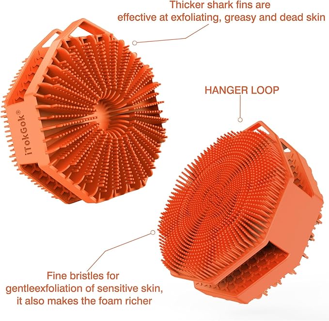 iTokGok® Premium 2-in-1 Silver-Infused Silicone Body Scrubber, Double-Sided Design Body Brush Silicone Body Scrubber Exfoliating Body Brushes for All Skin for Showering, Lathers Well - Orange