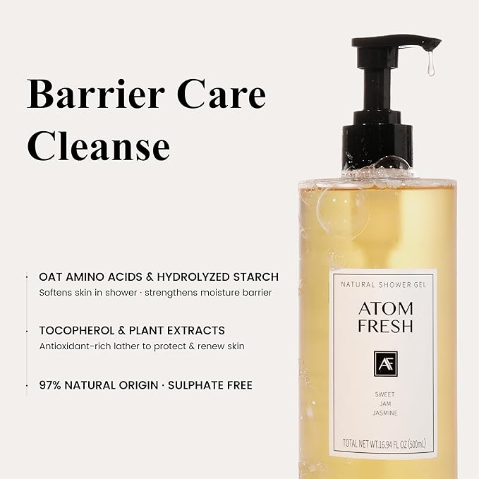 Atom Fresh Fine Fragrance Body Wash – Sweet Jam Jasmine Scent | Gentle Amino-Acid Cleanser with Oat, Soapberry & Vitamin E | Plant-Based & Sulfate-Free, 16.94 fl oz