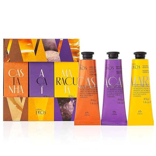 Natura - Tropical Hand Cream Trio Variety Pack, 3 Creams - (1) Passion Fruit, (1) Brazil Nut, & (1) Açaí Hand Cream - Vegan Skin Care - Brazilian Beauty Secrets - Self Care & Body Care - 1.41oz (40g)