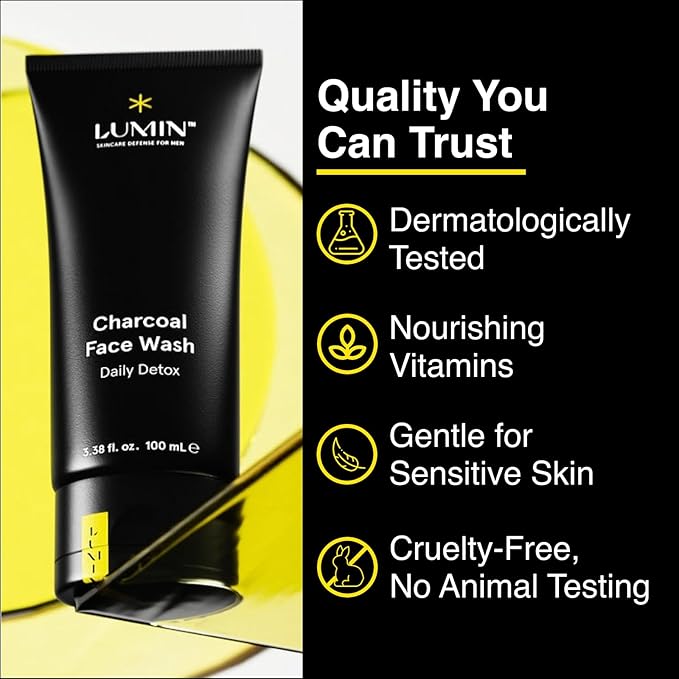 Lumin Charcoal Face Wash for Men – Daily Detox Cleanser, Hydrating Face Wash, Gently Removes Dirt & Oil, Unclogs Pores, Exfoliates, Refreshing Skincare for All Skin Types, 3.4oz
