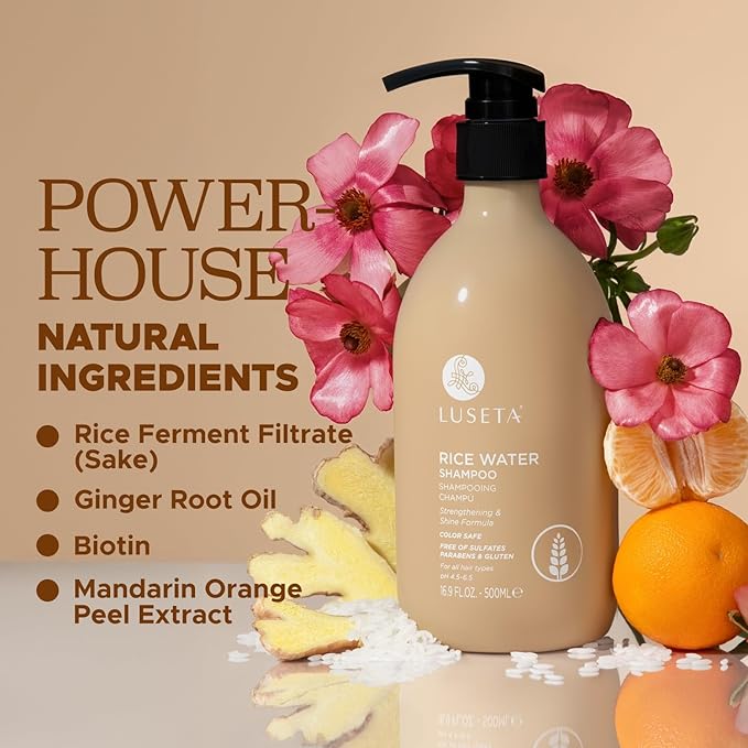 Luseta Rice Water Shampoo Strengthening & Nourishing Revitalizes Shine for All Hair Types Hydrating & Frizz Control for Women and Men 16.9oz