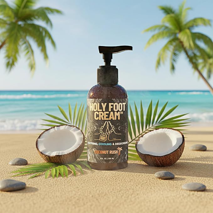 Derm Dude Holy Foot Cream for Dry Cracked Heels and Feet | Moisturizing Lotion Formulated w/All-Natural DeoPlex for Odor Control & Arrowroot for Deep Hydration - Coconut Rush Scent 4oz (1 pack)