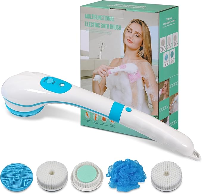 OWIIZI Electric Bath Brush Back Scrubber for Shower, Detachable Long Handle Exfoliating Face Cleansing Silicone Massager, 5 Brush Heads, 6 Speeds, Deep Clean Electronic Body Brushes for Men Women