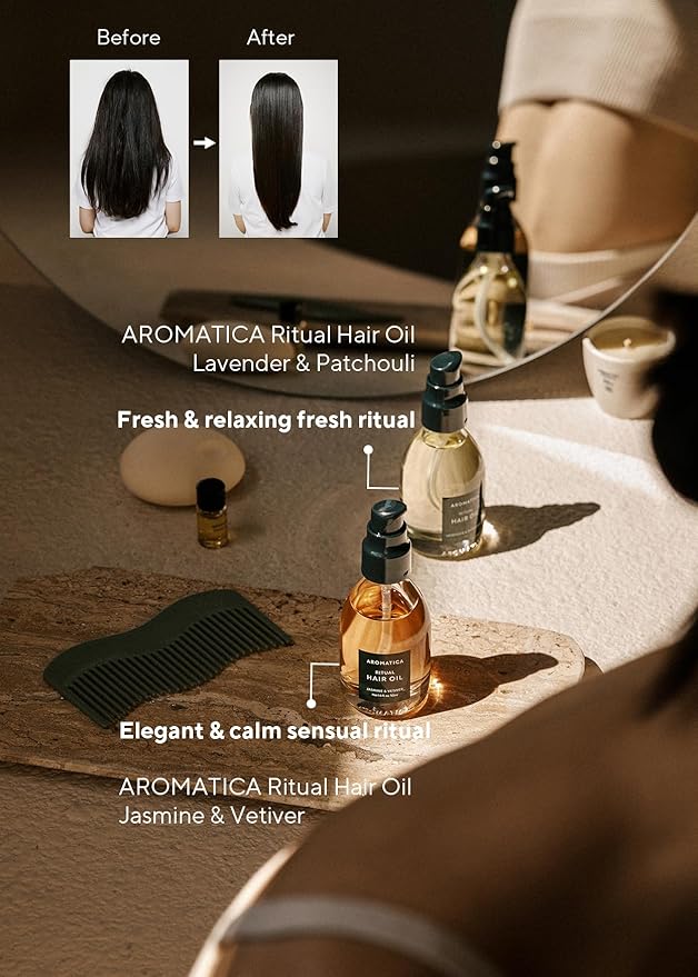 AROMATICA Ritual Jasmine & Vetiver Hair Oil - Adds Shine and Smooths Split Ends - Blow Out Hair Serum for Damaged & Frizzy Hair - Nourishing for Dry Curly Hair - Silicone-Free (1.6 fl oz)