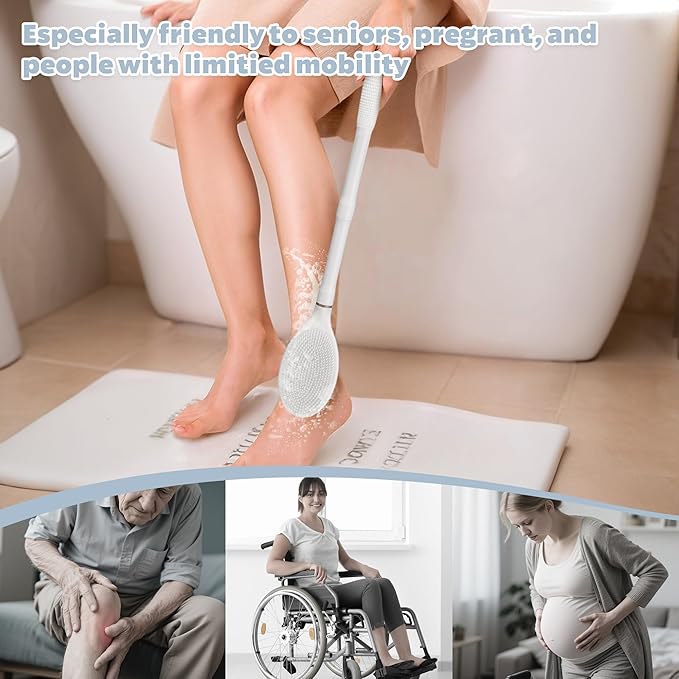 New Foot Brush & Back Scrubber Set 2PCS, 10.2''- 27.5'' Adjustable Foot Scrubber for Shower, 18.9'' Shower Back Scrubber with 3-Length Usage, Great Aid for People with Limited Mobility(White)