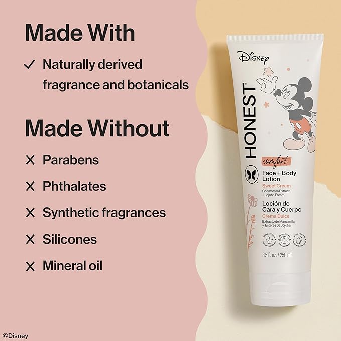 The Honest Company Moisturizing Face and Body Lotion Fast Absorbing Dermatologist Tested Hypoallergenic Disney’s Mickey Mouse Comfort Sweet Cream 8.5 fl oz