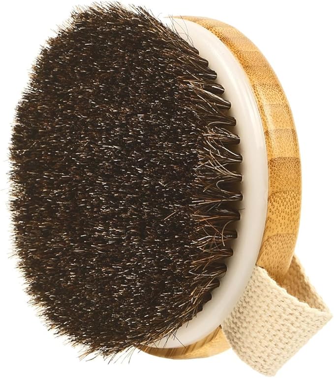 4.3” Round Bamboo Dry/Wet Body Brush Scrubber with Natural Bristles, Bath Shower Brush for Cellulite, Exfoliating and Detox, etc. (Brown Horsehair Bristles)