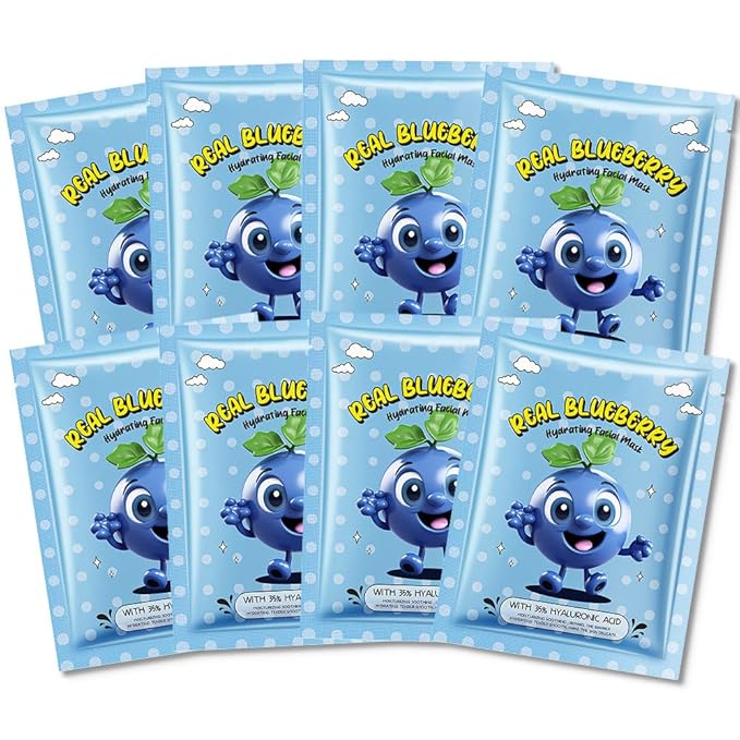 8 PCS Real Hydrating Nature Face Masks Skincare, Hyaluronic Acid, Vitamin C and E, Chamomile, Korean Beauty Essence Facial Paper Sheet Mask for Skin Care Moisturizing (Blueberry)