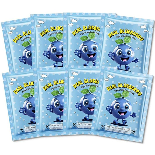 8 PCS Real Hydrating Nature Face Masks Skincare, Hyaluronic Acid, Vitamin C and E, Chamomile, Korean Beauty Essence Facial Paper Sheet Mask for Skin Care Moisturizing (Blueberry)