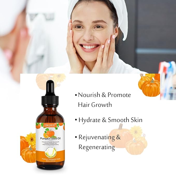 Pumpkin Seed Oil, Pumpkin Seed Essential Oil for Hair Growth & Dry Damaged Hair, Strengthen Hair Thickness, Nourish Hair scalp, Moisturizer Serum for Skin, Face & Body, 2 Pcs