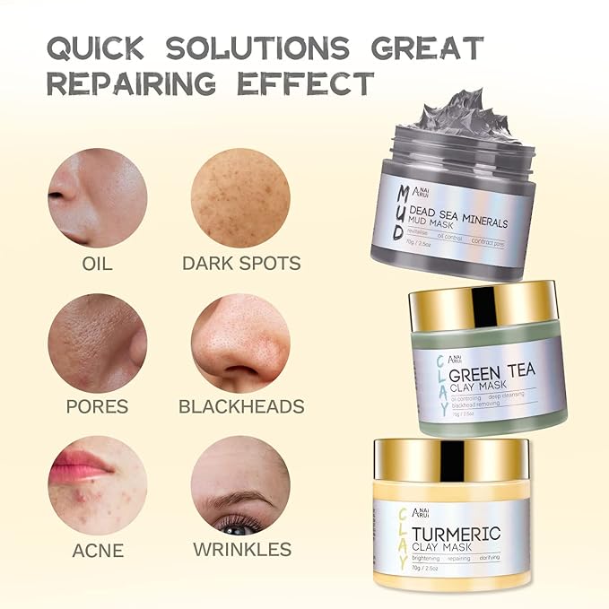 ANAI RUI 3Pcs Face Mask Set, Turmeric Clay Mask - Green Tea Face Mask - Dead Sea Minerals Mud Mask, Holiday Gift Set, Stocking Stuffers for Women &Teen Girls, Self Care Gifts for Women 2.5 oz each