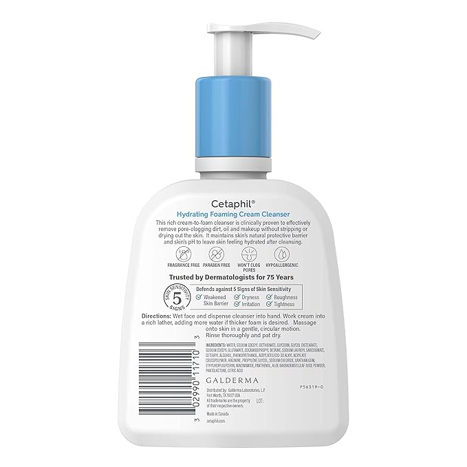 Cetaphil Cream to Foam Face Wash, Hydrating Foaming Cream Cleanser, 8 oz, For Normal to Dry, Sensitive Skin, with Soothing Prebiotic Aloe, Hypoallergenic, Fragrance Free