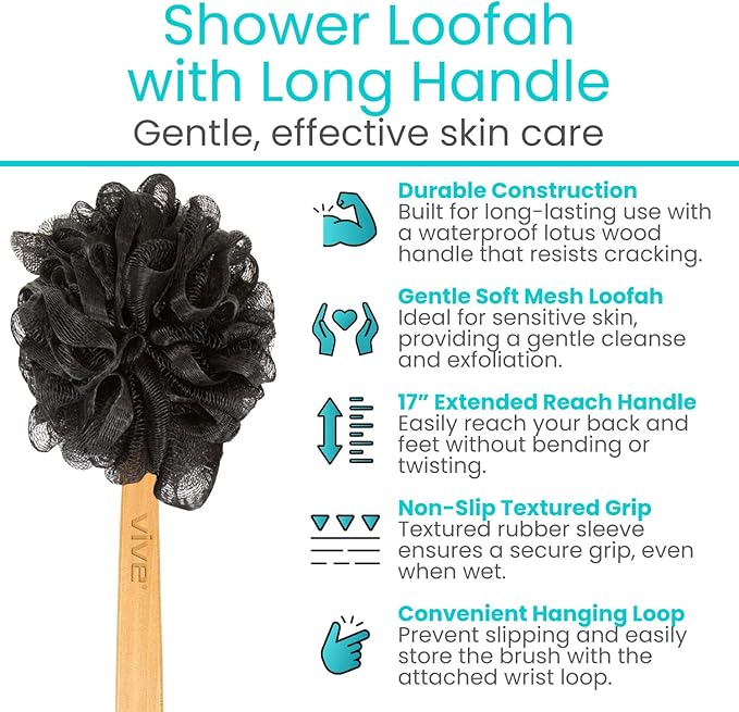 Vive 17” Shower Loofah with Long Handle - Exfoliating Back & Body Scrubber for Men & Women - Luffa Sponge on a Stick for Bathing, Cleaning - Includes Extra Handheld Lufa, Hook & String to Hang on Wall