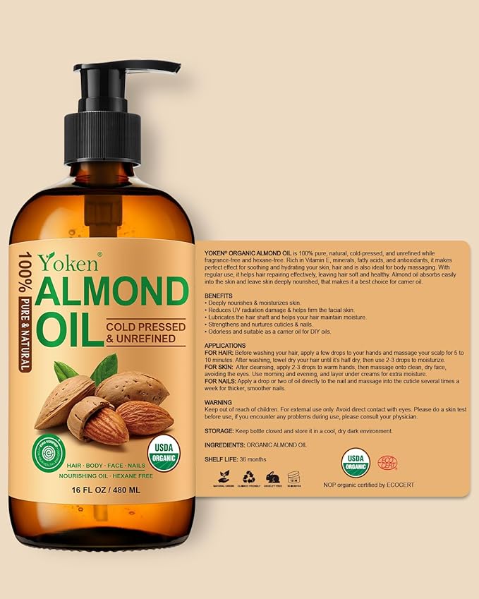 Organic Almond Oil 16 fl oz, USDA 100% Pure Cold Pressed Almond Oils in Glass Bottle, Natural Moisturizer for Face, Hair & Body, Ideal Carrier Oil for Skin Care, DIY Beauty & Soothing Massage