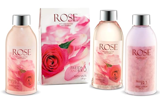 Heart Pink Rose Spa Bath and Body Gift Basket for Women with Shower Gel, Bubble Bath and Body lotion and Bath Salt Bath Gift Set