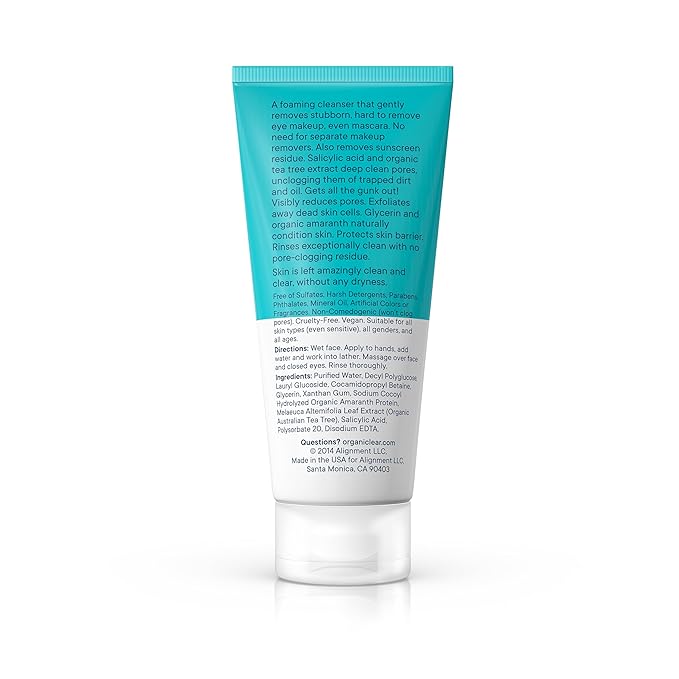 Facial Cleanser w/Organic Tea Tree & Salicylic Acid – Gentle Daily Foaming Gel Face Wash for Deep Cleansing & Makeup Removal – Unclogs Pores, Eliminates Dirt & Oil - No Dryness, (2 oz)