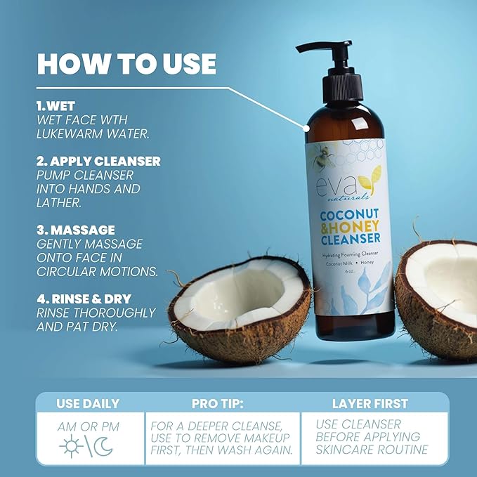 Eva Naturals Coconut & Honey Foaming Face Wash – Gentle Hydrating Facial Cleanser for Sensitive & Aging Skin – Removes Makeup, Dirt & Oil – Soothing Aloe & Royal Jelly – 6 Fl Oz