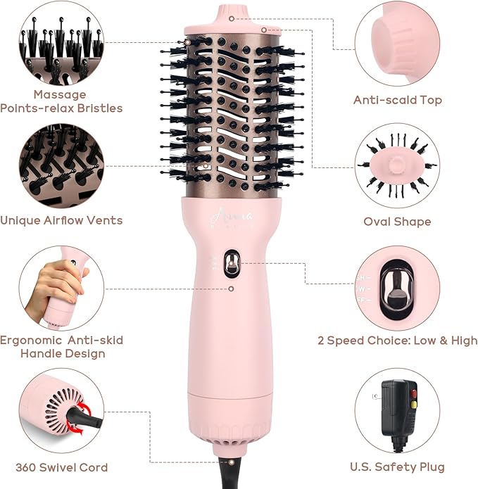 Aima Beauty Worldwide Travel Hair Dryer Brush 110V-240V Dual Voltage Blow Dryer Brush Hot Air Brush with Oval Barrel 360° Hot Airflow, Negative Ionic Frizz-Free Drying/Straightening/Voluming, Pink