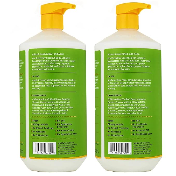 Alaffia Everyday Coconut Hydrating Body Lotion, Normal to Dry Skin, Moisturizing Oil is Support for Soft & Supple Skin, Purely Coconut, 2 Pack - 32 Fl Oz Ea